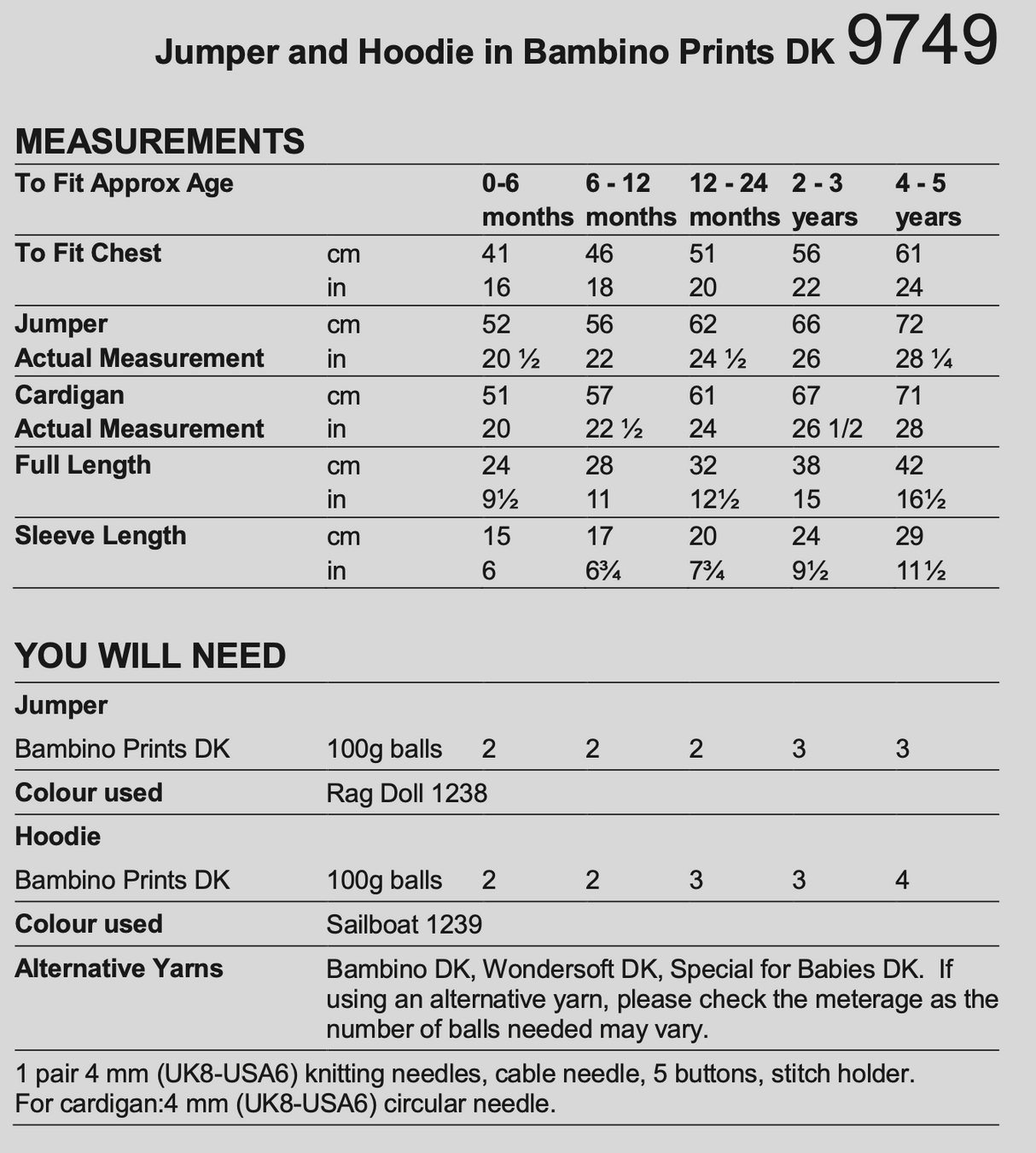 Stylecraft Bambino Prints DK Jumper & Hoodie Pattern 9749