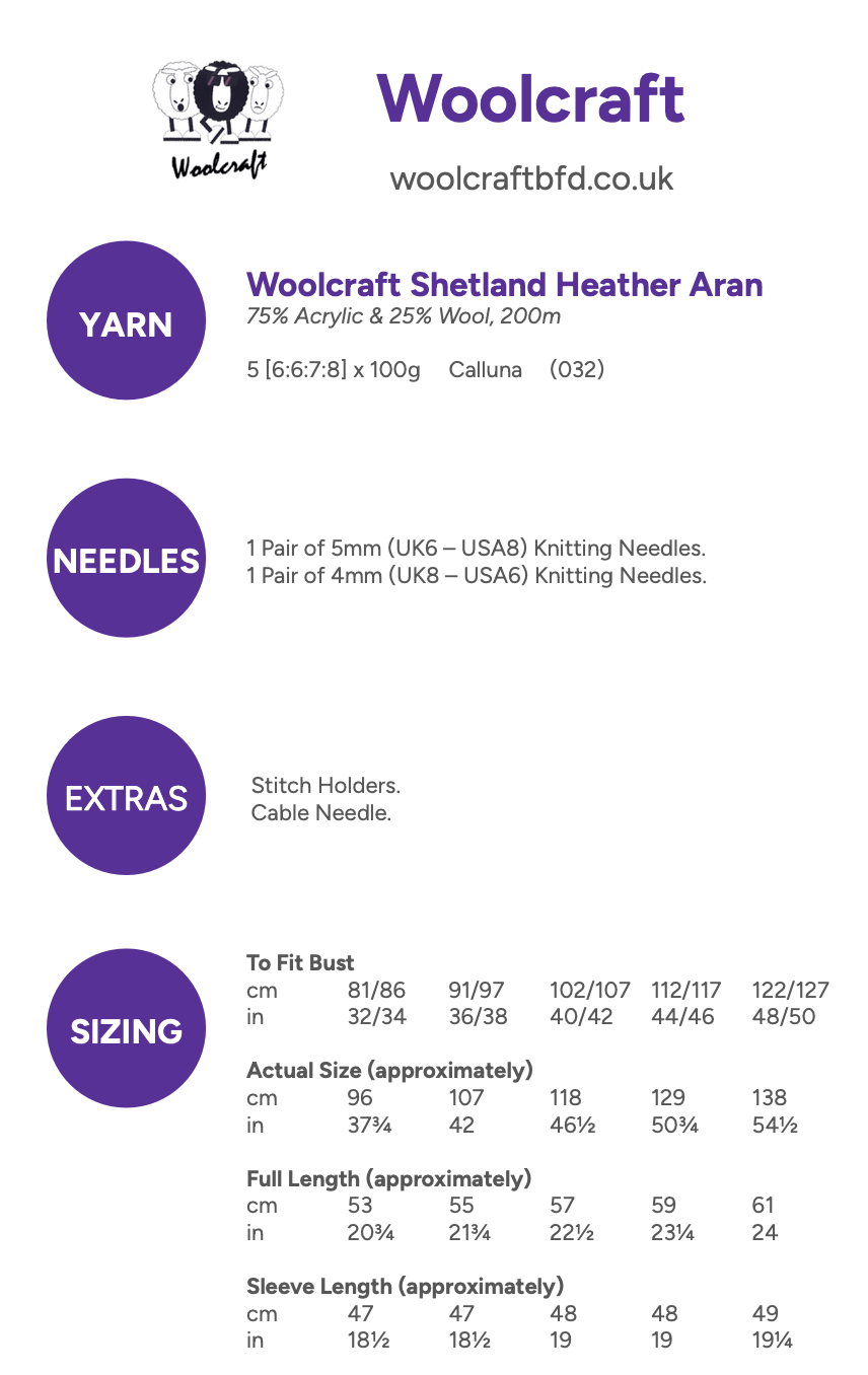 Woolcraft Shetland Heather Aran Polo Sweater Pattern WC3002