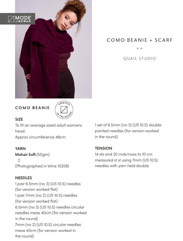 Rowan Mode Mohair Soft Como Beanie & Scarf Pattern by Quail Studio MIP95