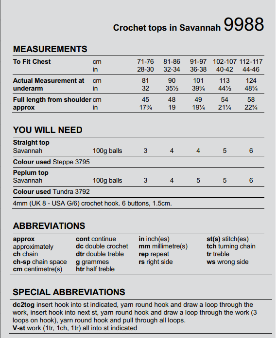 Stylecraft Savannah Aran Crochet Tops Pattern 9988