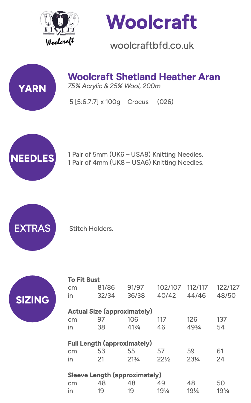 Woolcraft Shetland Heather Aran Balloon Sleeve Sweater Pattern WC3003