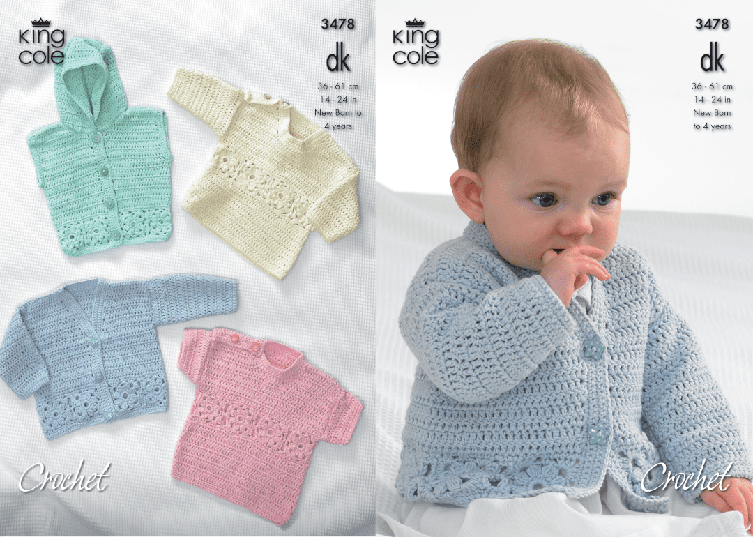 King Cole Bamboo Cotton DK Crochet Cardigan, Hooded Gilet, Sweaters Pattern 3478