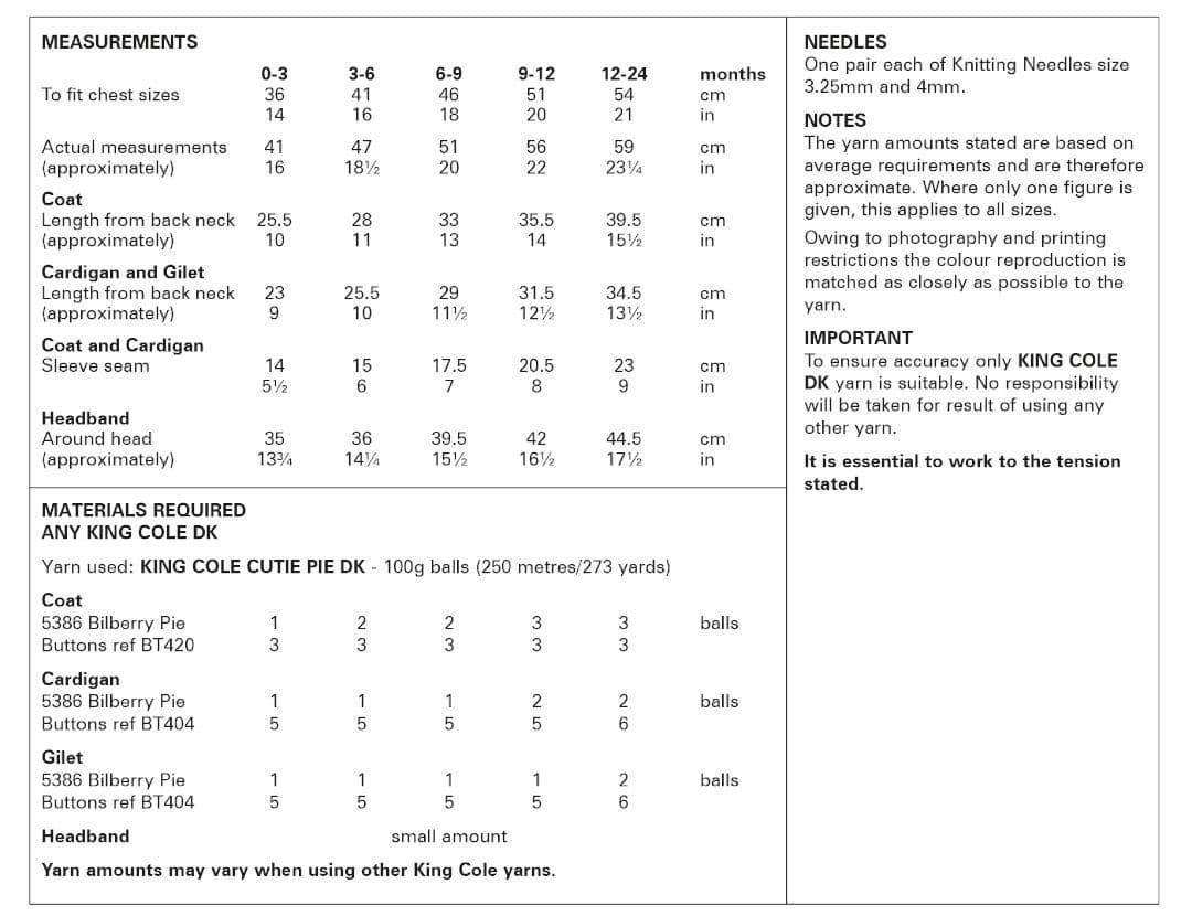 King Cole Cutie Pie DK Coat, Cardigan, Gilet & Headband Pattern 6167