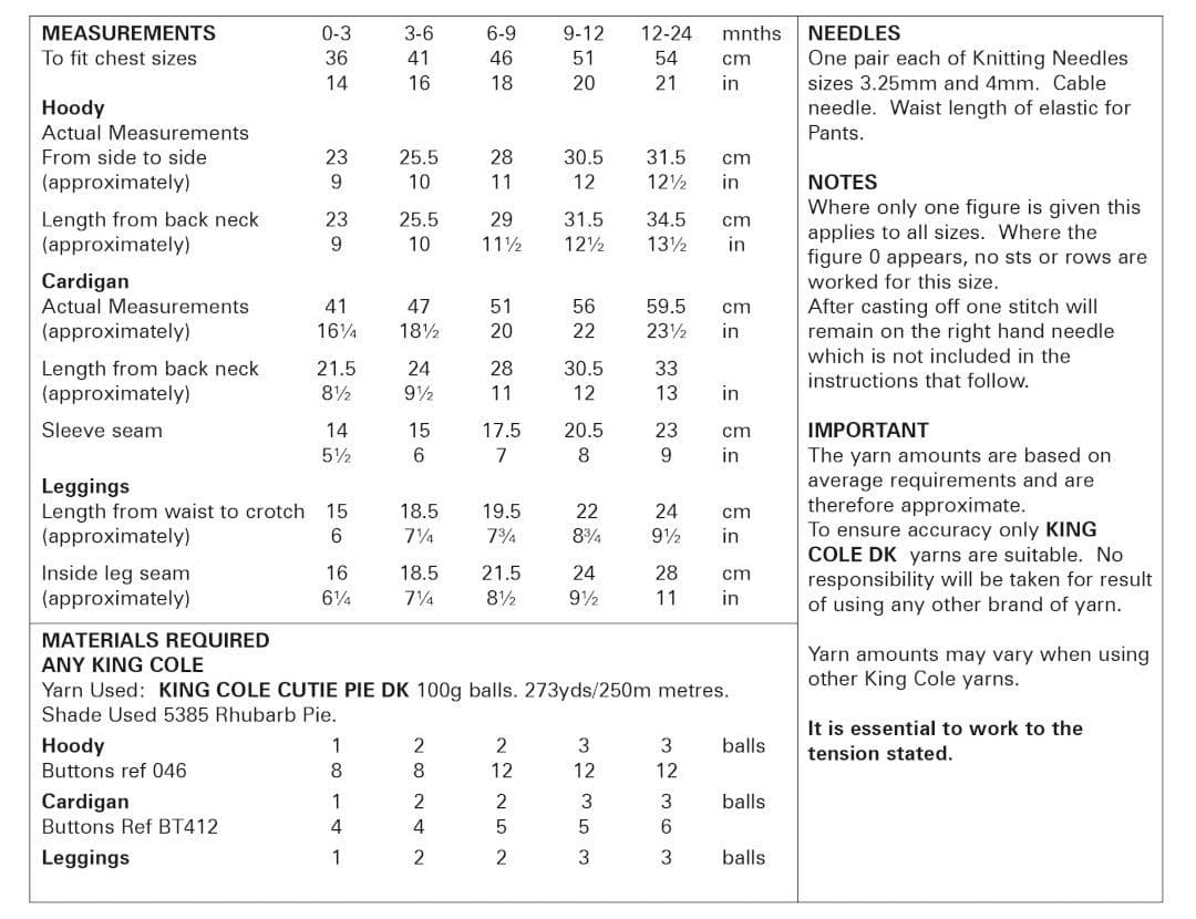 King Cole Cutie Pie DK Hoody, Cardigan & Leggings Pattern 6030