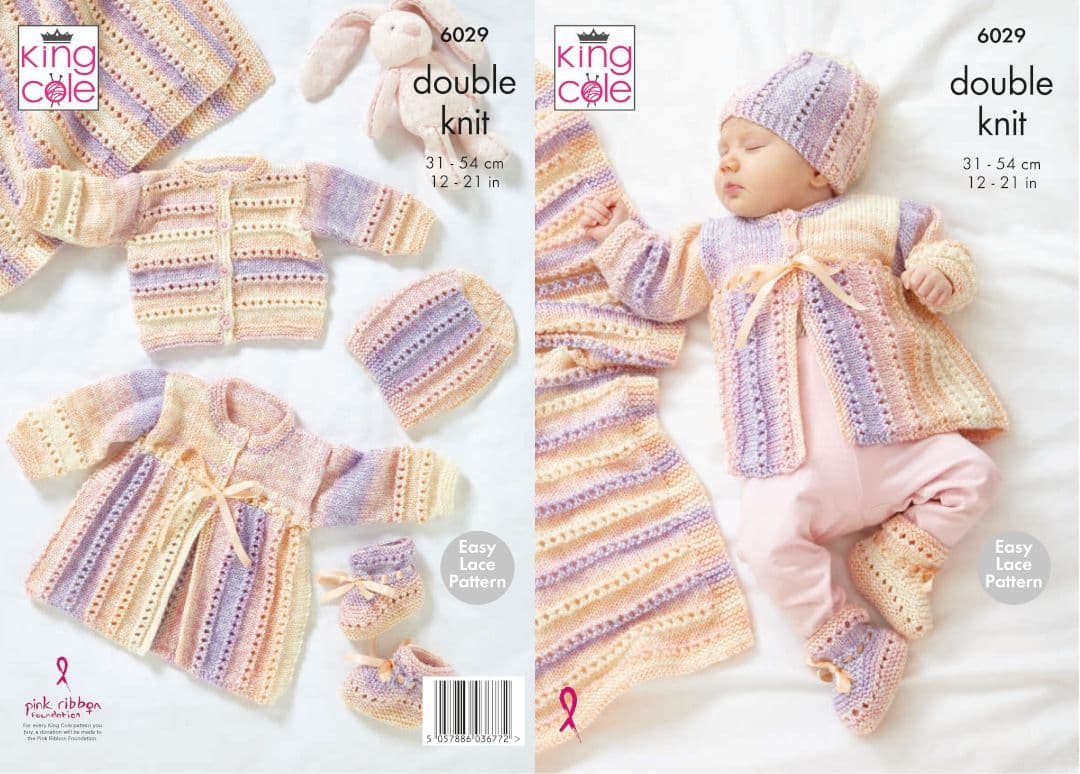 King Cole Cutie Pie DK Maintee Coat, Cardigan, Hat, Blanket & Booties Pattern 6029