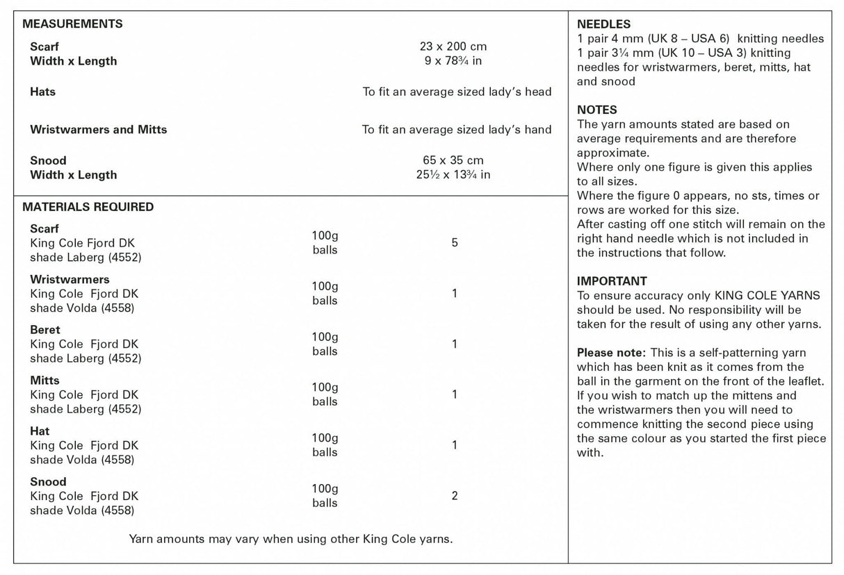 King Cole Fjord DK Scarf, Mitts, Hat & Snood Pattern 5654