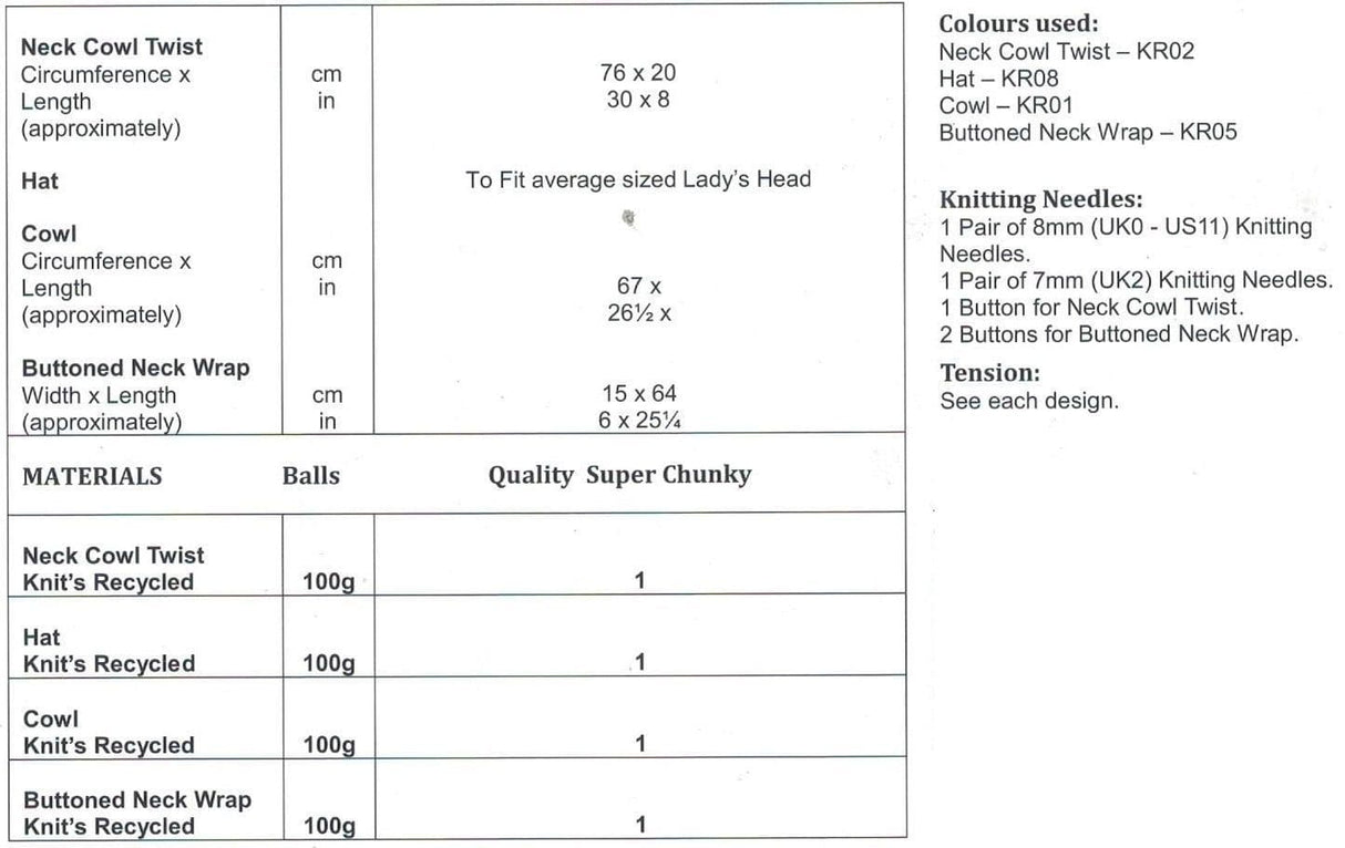 Wendy Wools Knit's Recycled Hat, Wrap & Cowl Pattern 7011