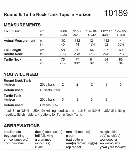 Stylecraft Horizon Chunky Round & Turtle Neck Tank Tops Pattern 10189