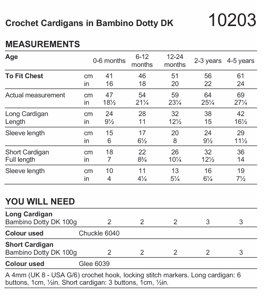 Stylecraft Bambino Dotty DK Crochet Cardigans Pattern 10203