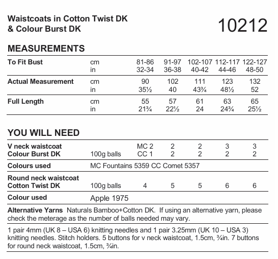 Stylecraft Cotton Twist/Colour Burst DK Waistcoats Pattern 10212
