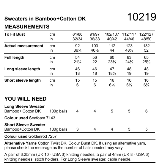 Stylecraft Naturals Bamboo Cotton DK Knitted Sweaters Pattern 10219