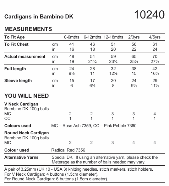 Stylecraft Bambino DK Cardigans Pattern 10240