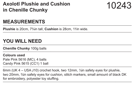 Stylecraft Chenille Chunky Axolotl Plushie and Cushion Crochet Pattern 10243