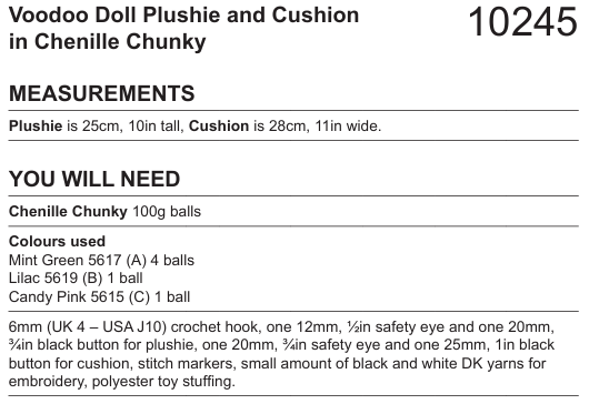 Stylecraft Chenille Chunky Voodoo Doll Plushie and Cushion Pattern 10245