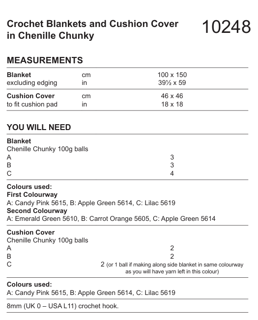Stylecraft Chenille Chunky Crochet Blankets and Cushion Cover Pattern 10248