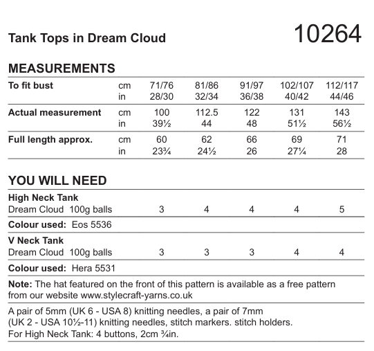 Stylecraft Dream Cloud Chunky Tank Tops Pattern 10264