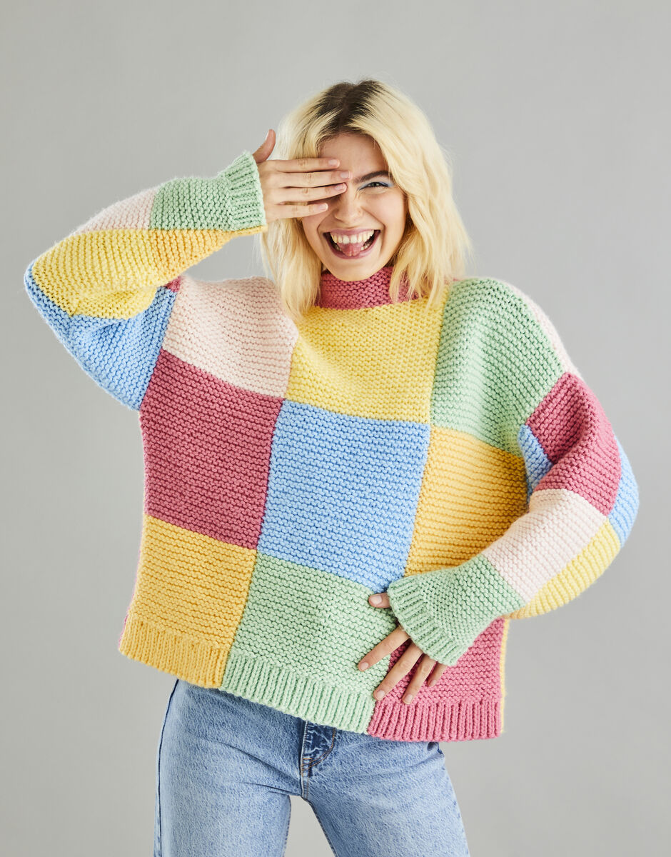 Hayfield Bonus Chunky Patchwork Funnel Neck Sweater Pattern 10601