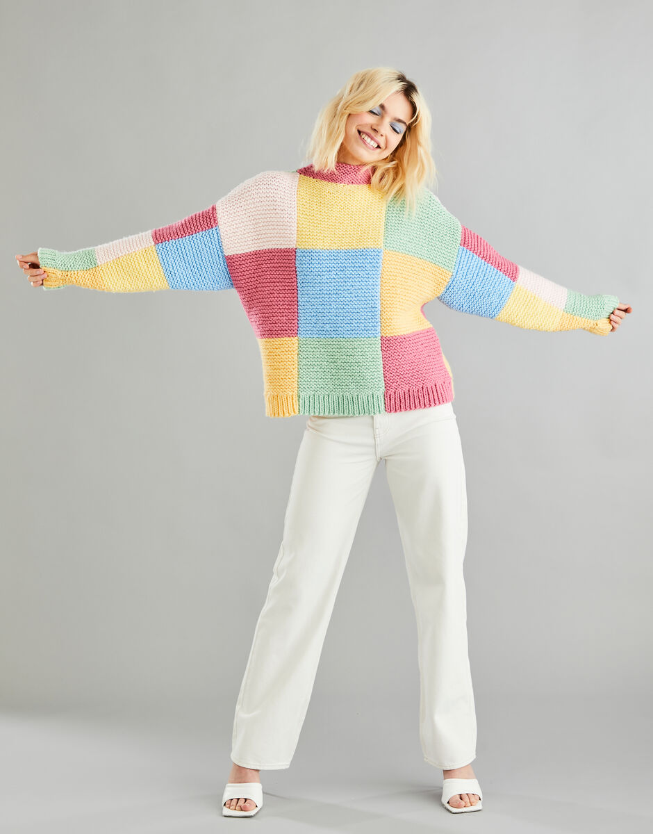 Hayfield Bonus Chunky Patchwork Funnel Neck Sweater Pattern 10601