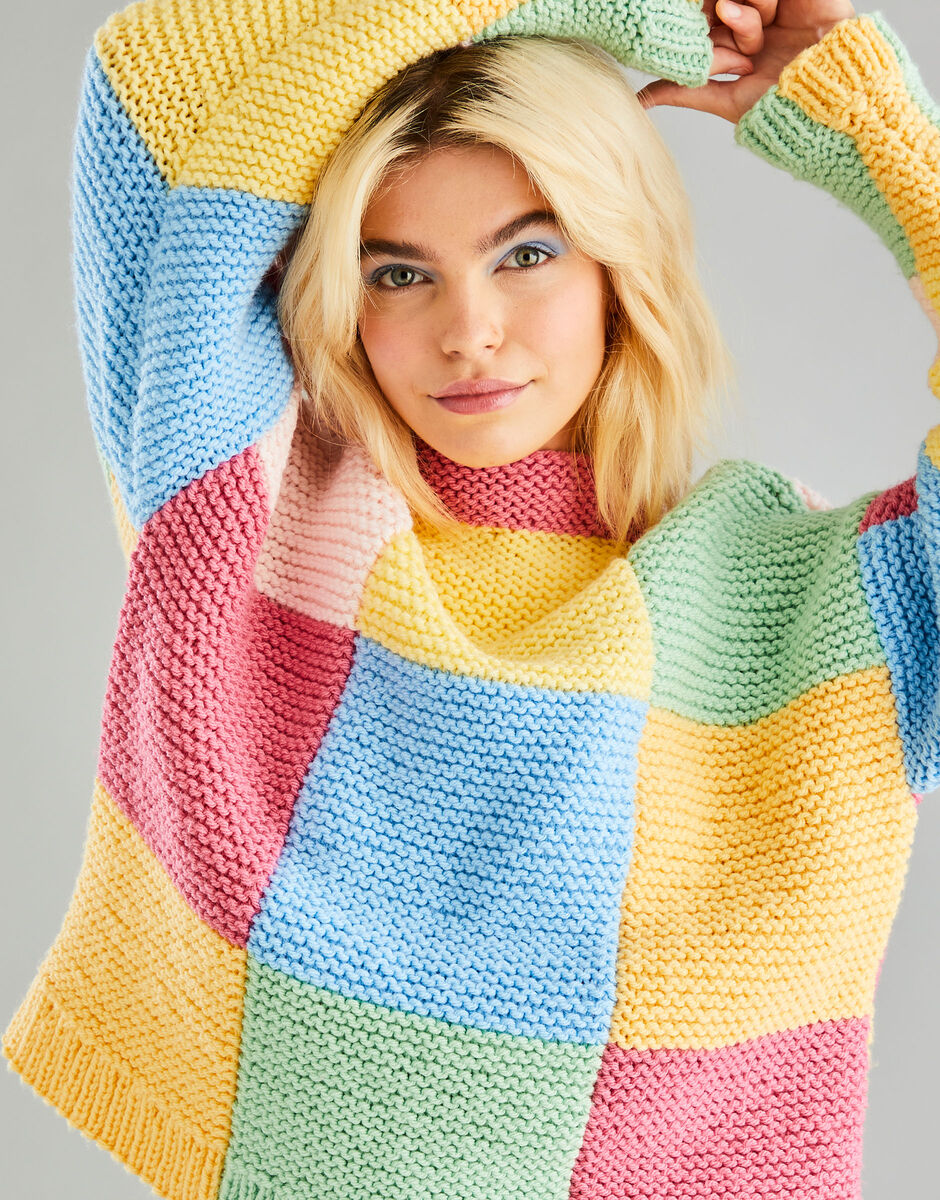 Hayfield Bonus Chunky Patchwork Funnel Neck Sweater Pattern 10601