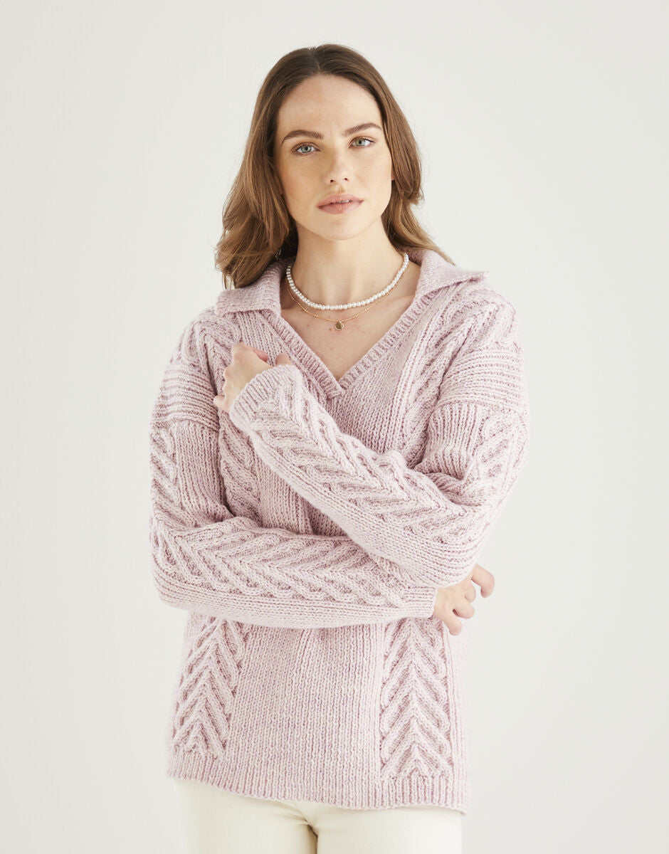 Hayfield Bonus Aran V-Neck Collared Sweater Pattern 10612