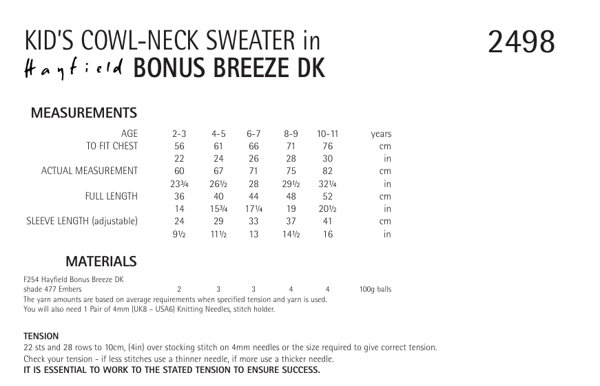 Hayfield Bonus Breeze DK Kid's Cowl-Neck Sweater Pattern 2498