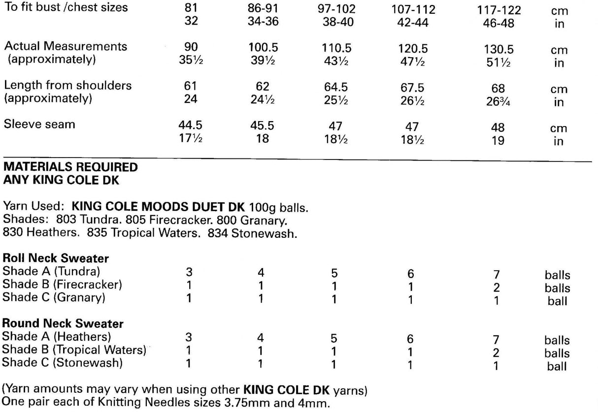 King Cole Moods DK Round & Shawl Neck Sweater Pattern 3936