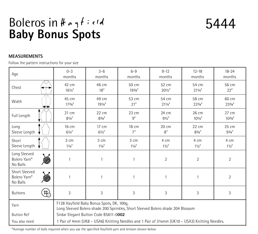 Hayfield Baby Bonus Spot DK Spotty Picto Trim Boleros Pattern 5444