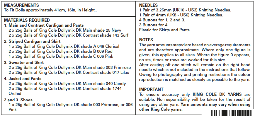 King Cole Dollymix DK Dolls Clothes Pattern 5571 What You'll Need