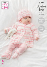 King Cole Baby Stripe DK Matinee Coat, Top, Cardigan, Hat & Booties Pattern 5700