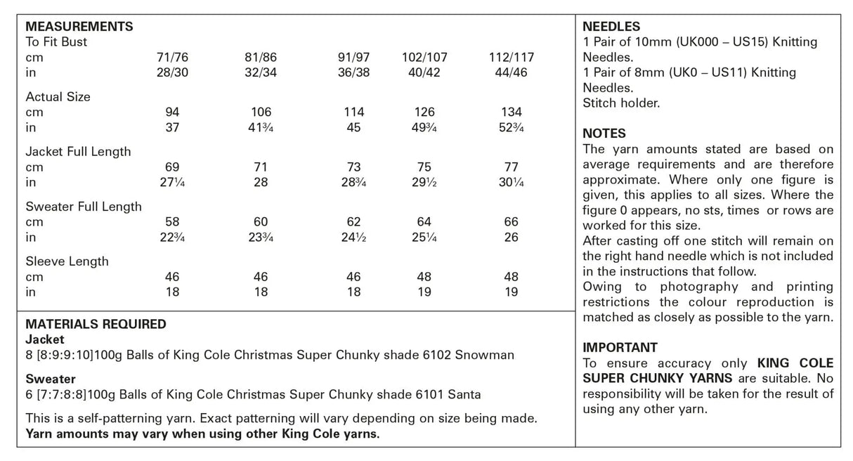 King Cole Christmas Super Chunky Jacket & Sweater Pattern 5779