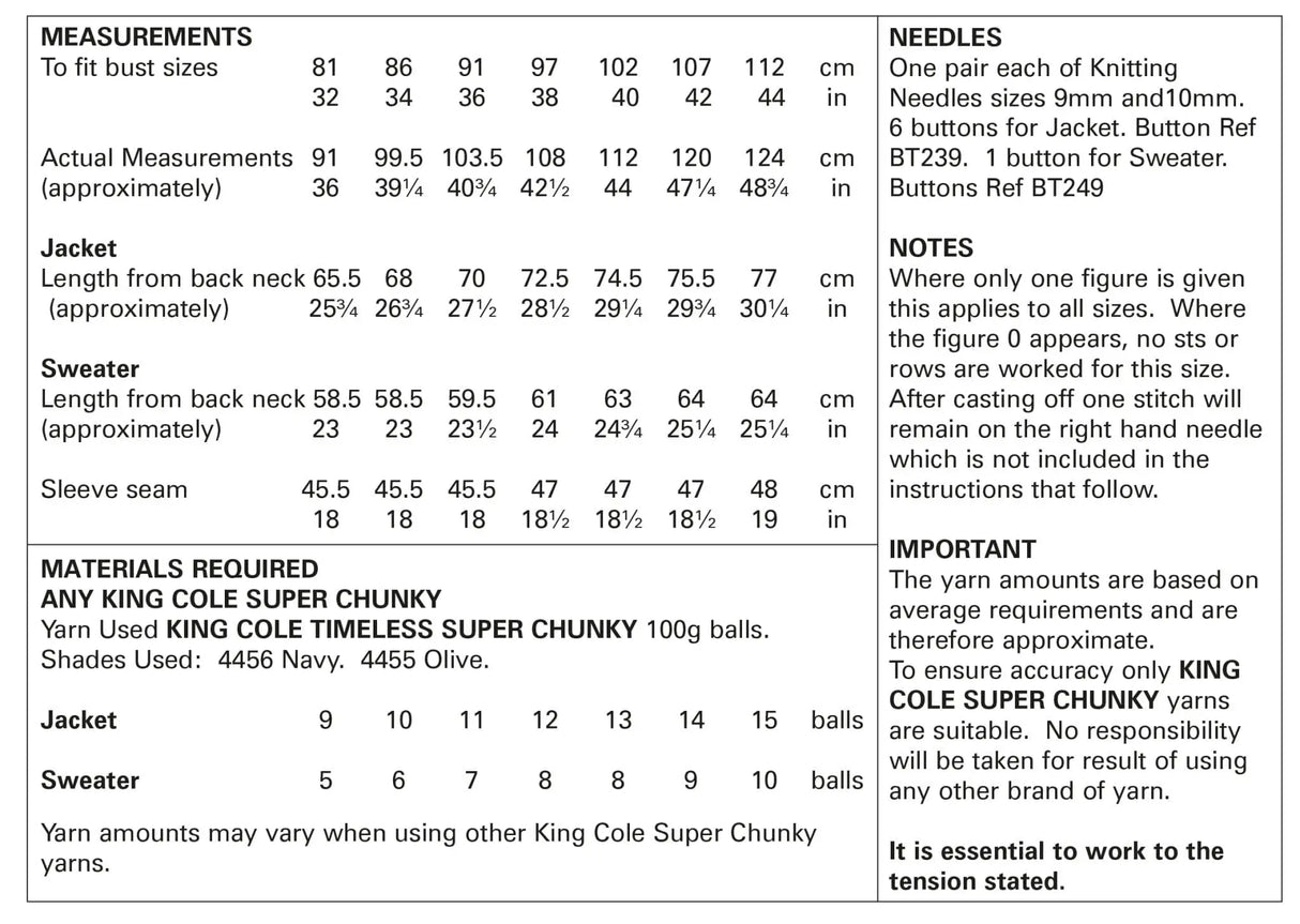 King Cole Timeless Classic Super Chunky Jacket & Sweater Pattern 5828*