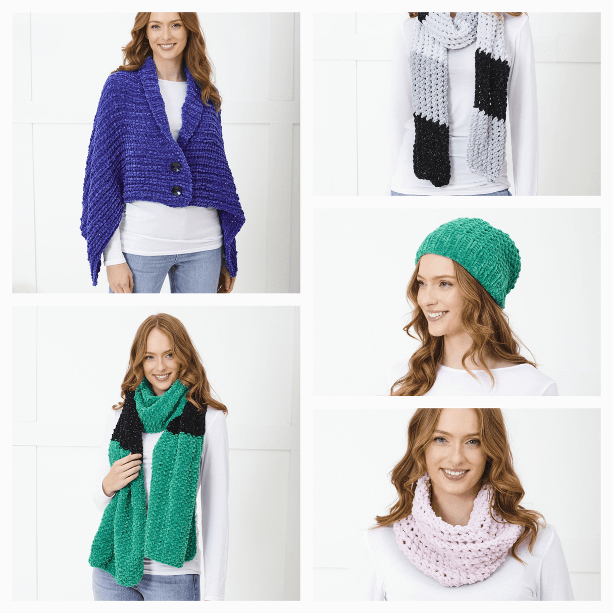 King Cole Yummy Glitz Chunky Scarves, Cowl, Shrug Wrap and Hat Knitting Pattern 6396