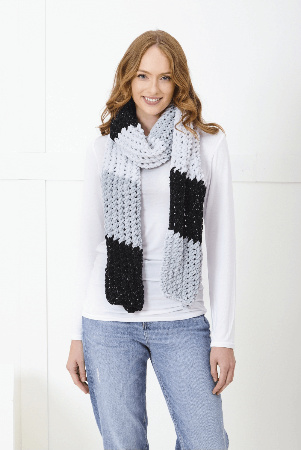 King Cole Yummy Glitz Chunky Scarves, Cowl, Shrug Wrap and Hat Knitting Pattern 6396
