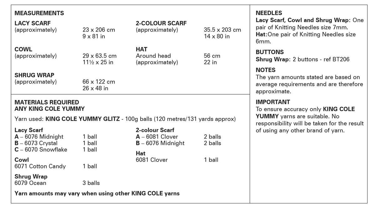 King Cole Yummy Glitz Chunky Scarves, Cowl, Shrug Wrap and Hat Knitting Pattern 6396
