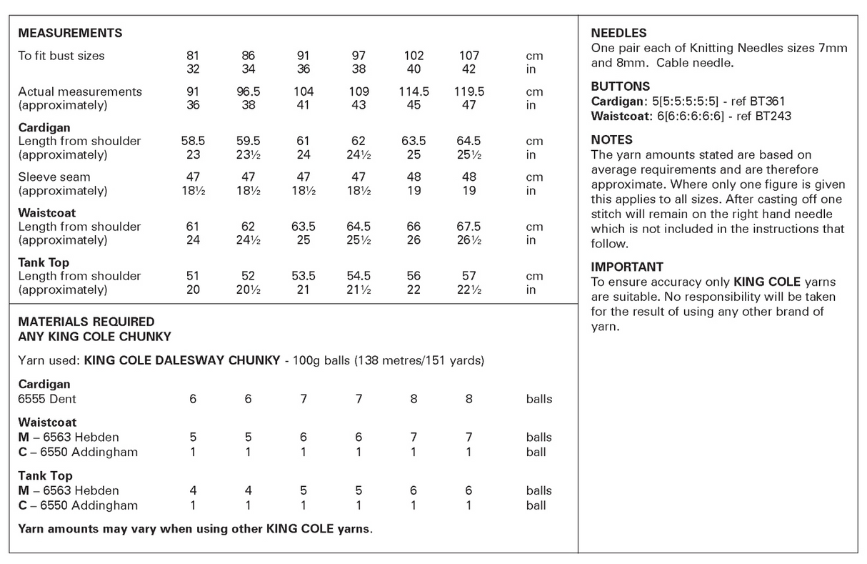 King Cole Dalesway Chunky Cardigan, Waistcoat and Tank Top Pattern 6412