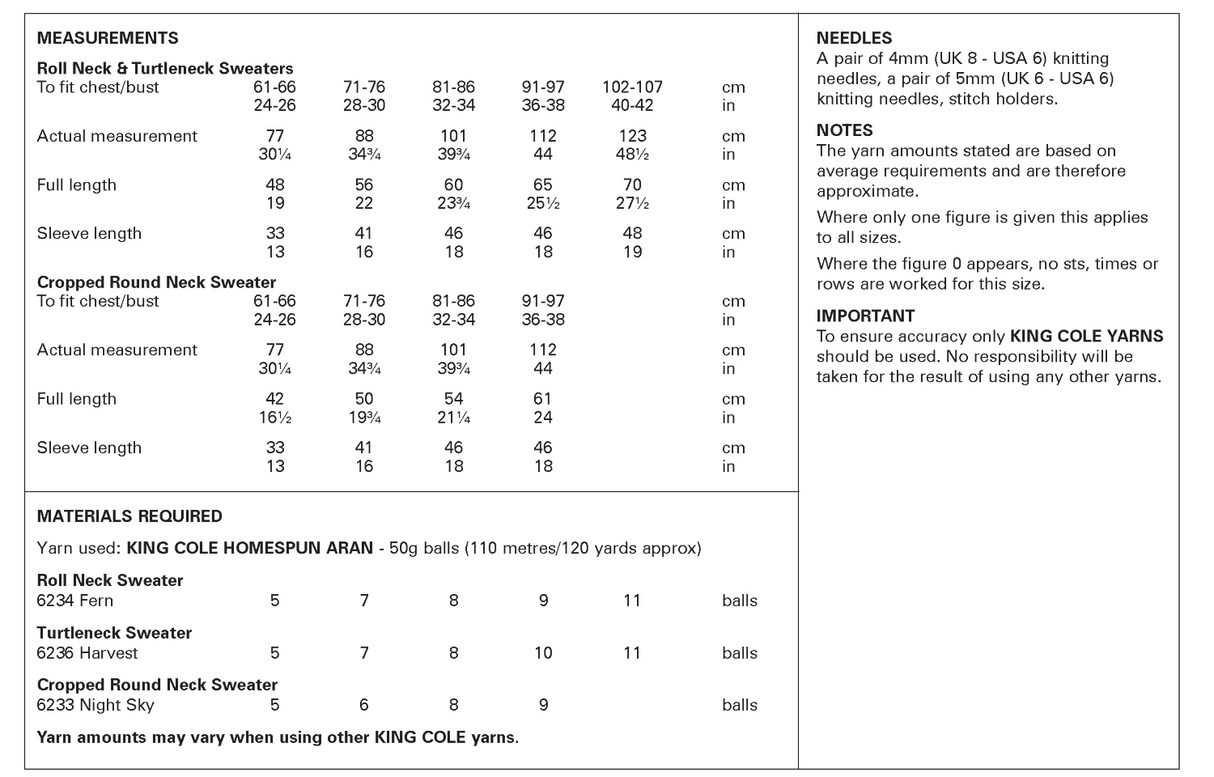 King Cole Homespun Aran Family Sweaters Pattern 6418