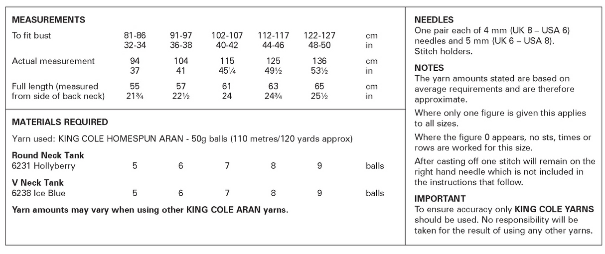 King Cole Homespun Aran Round and V-Neck Tanks Pattern 6423