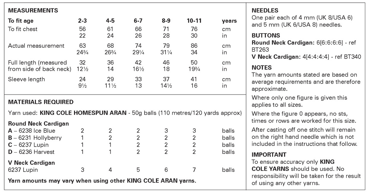 King Cole Homespun Aran Childs’ Cardigans Pattern 6424