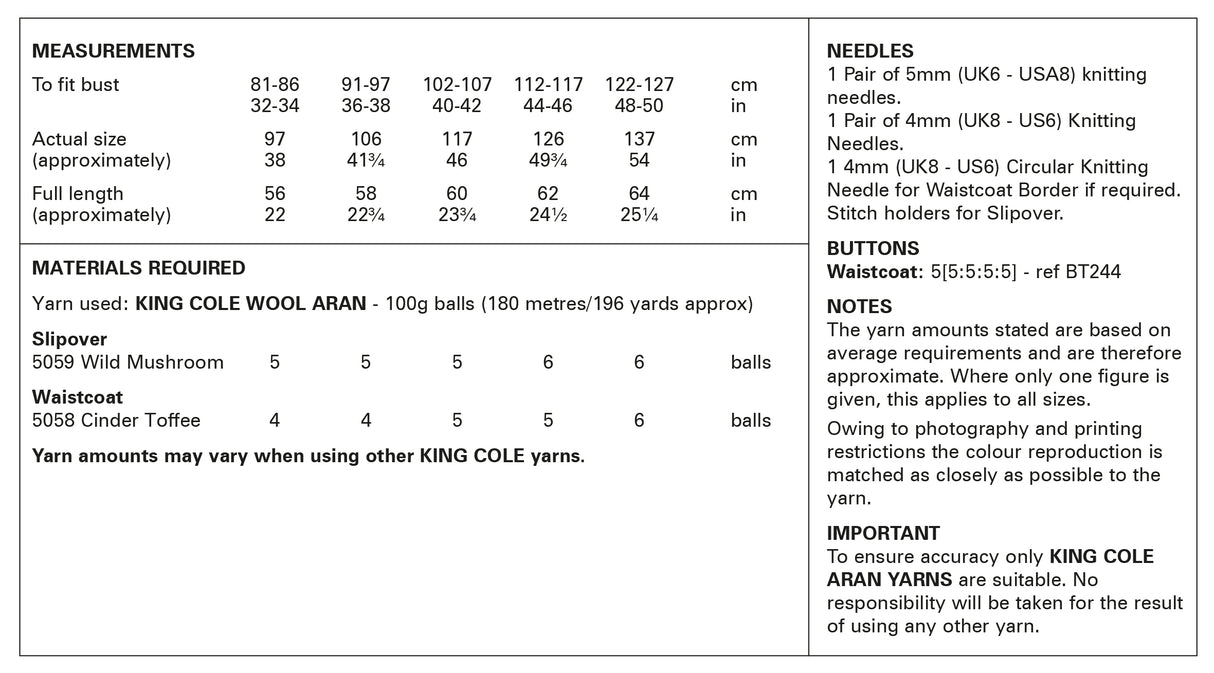 King Cole Wool Aran Slipover & Waistcoat Pattern 6428