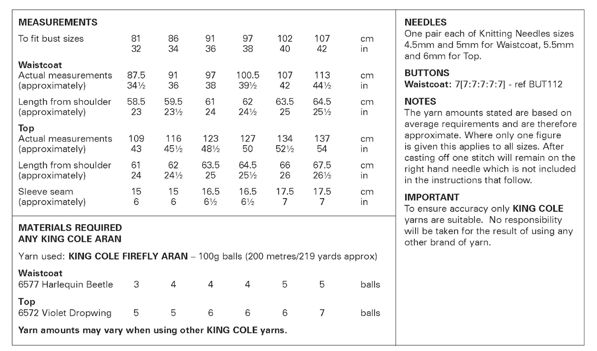 King Cole Firefly Aran Waistcoat and Top Pattern 6443