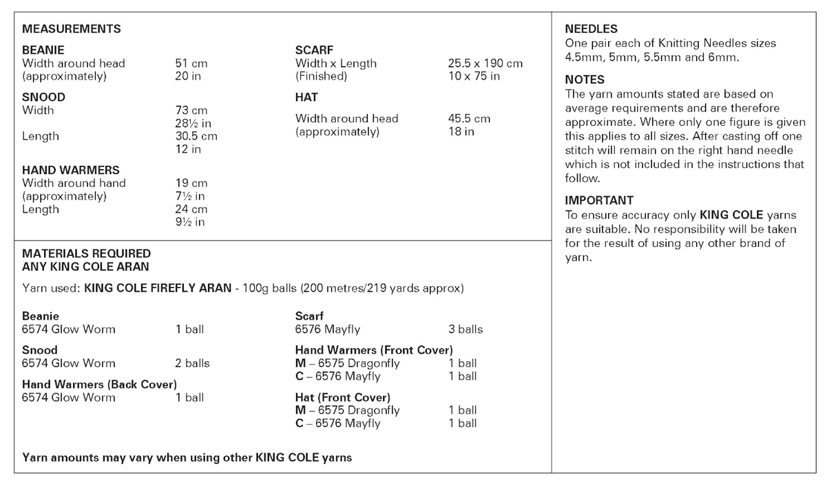 King Cole Firefly Aran Accessories Pattern 6450
