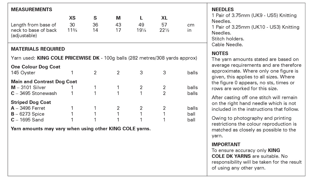 King Cole Pricewise DK Dogs Coats Pattern 6467