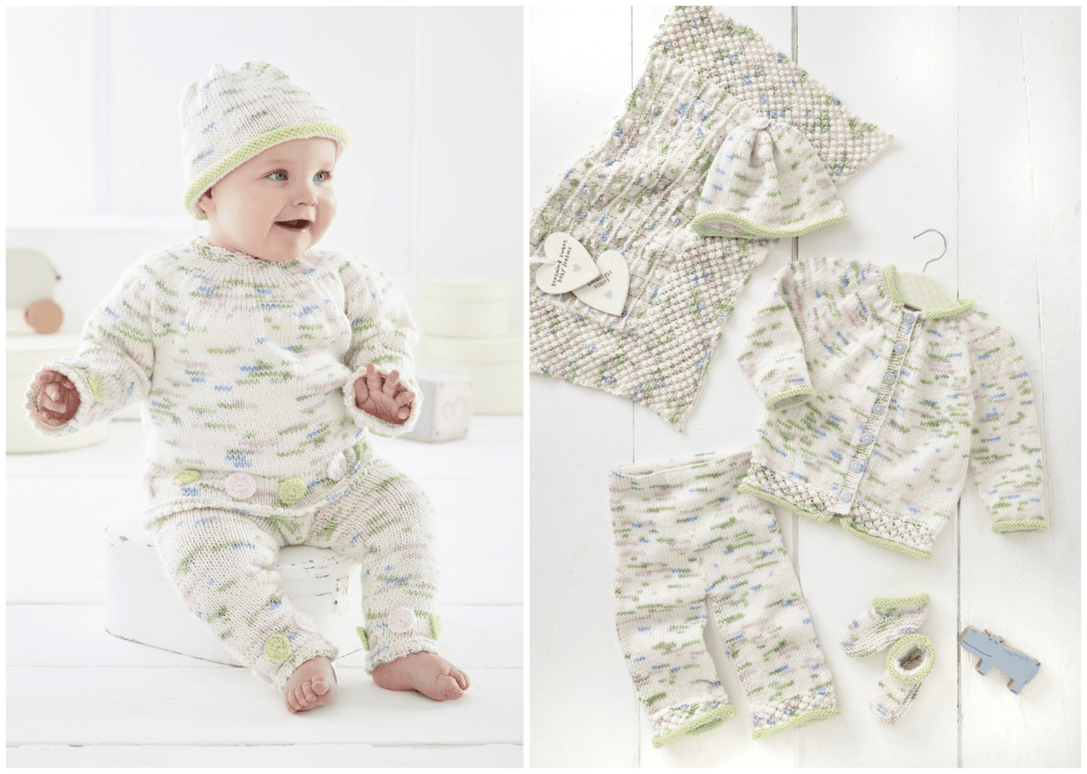 King Cole Dot Dot Dash DK Cardigan, Sweater, Hat, Trouser, Bootees Pattern 6539