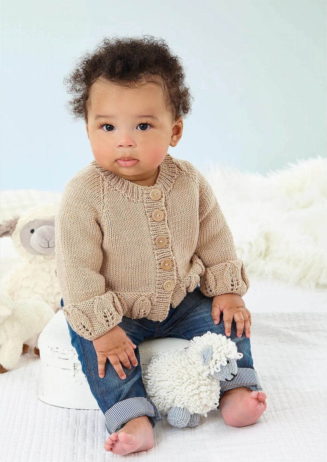 King Cole Little Lamb DK Cardigan, Sweater, Hat and Blanket Pattern 6545