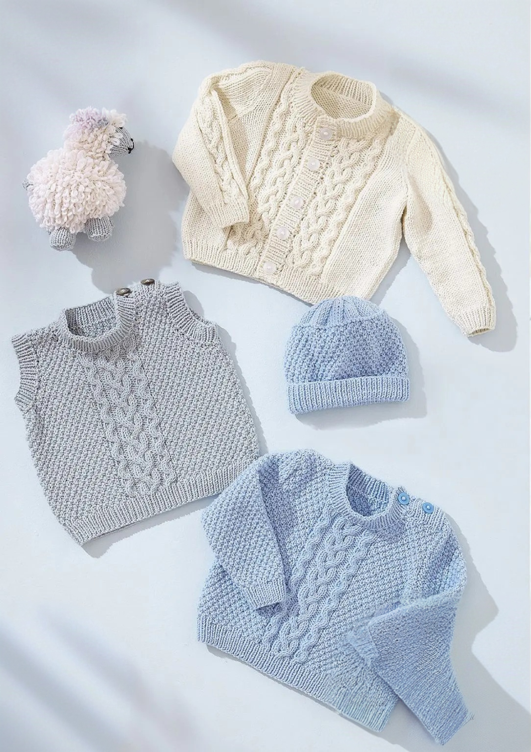 King Cole Little Lamb DK Slipover, Cardigan, Sweater and Hat Pattern 6546