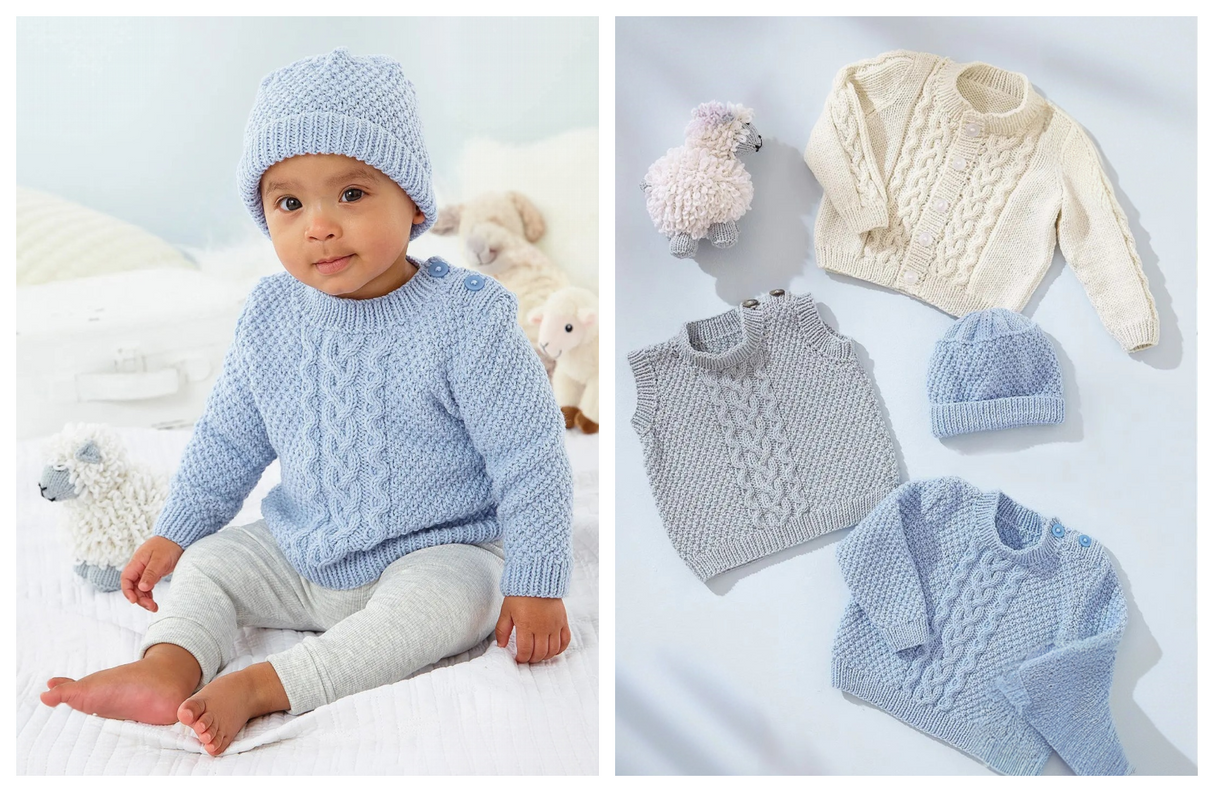 King Cole Little Lamb DK Slipover, Cardigan, Sweater and Hat Pattern 6546