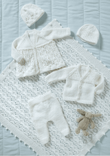 King Cole Cherished DK Cardigan, Matinee Coat, Hats, Leggings and Shawl Pattern 6584