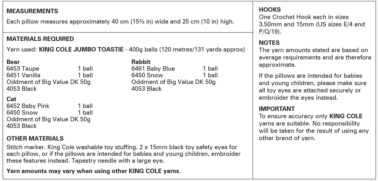 King Cole Jumbo Toastie Animal Pillows Crochet Pattern 9218