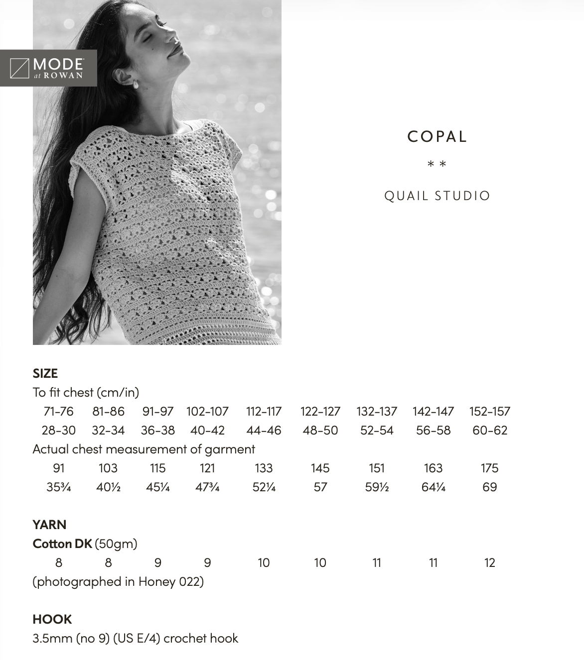 Rowan Mode Cotton DK Copal Summer Top Pattern By Quail Studio MIP105