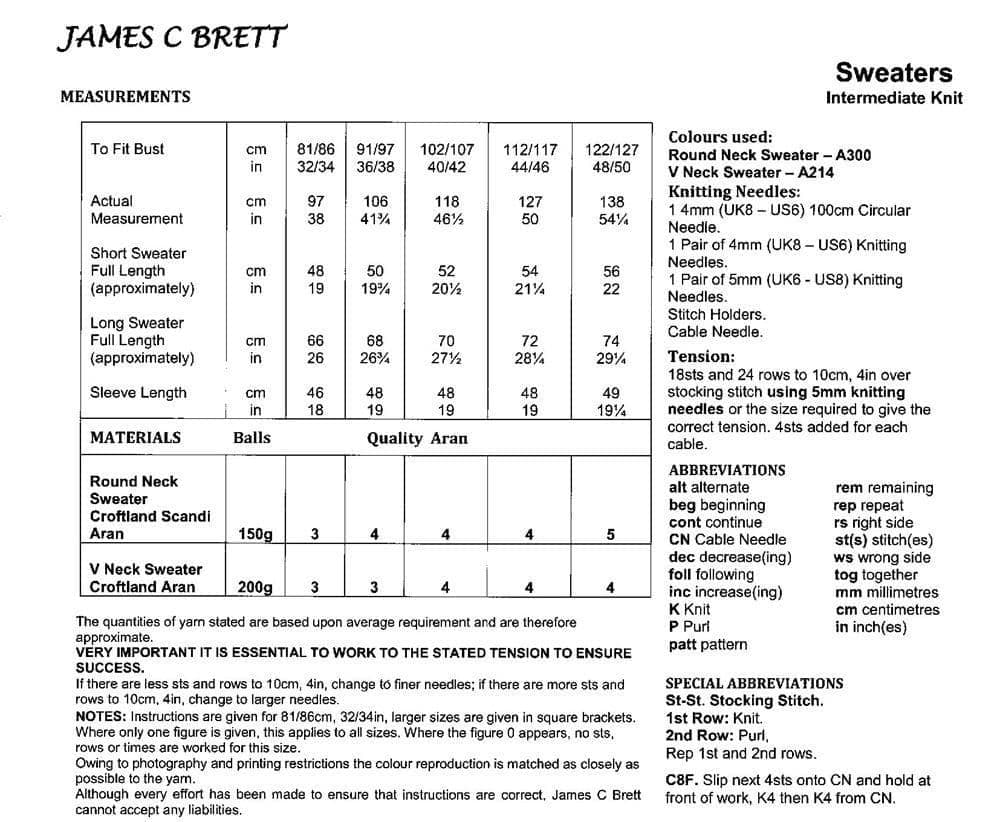 James C. Brett Croftland Scandi Aran Sweaters Pattern JB916